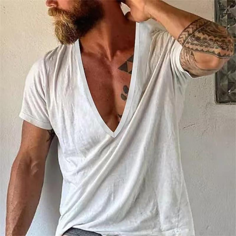 Men's Casual Solid Color V-Neck Short-Sleeved T-Shirt 19594146M