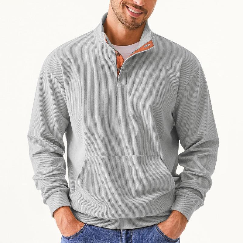 Men's Casual Corduroy Stand Collar Kangaroo Pocket Loose Long Sleeve Sweatshirt 74007115M