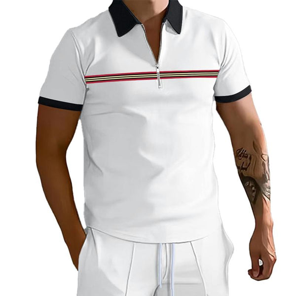 Men's Color Block Zip Lapel Short Sleeve Polo Shirt 33433694Y
