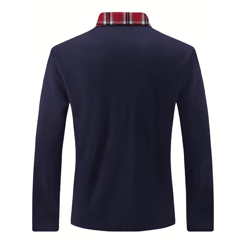 Men's Lapel Plaid Patchwork Long-sleeved Sports Polo Shirt 36877231X