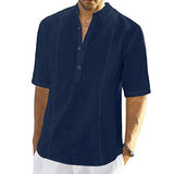 Men's Casual Comfort Linen Stand Collar Half Sleeve Shirt 60279337M