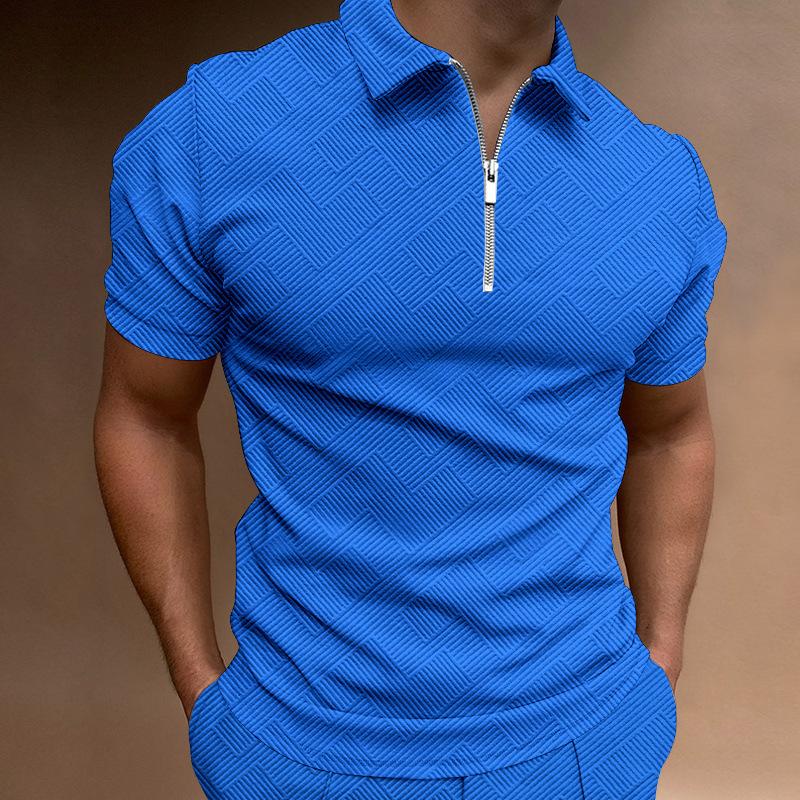 Men's Casual Printed Lapel Zipper Short Sleeve Polo Shirt 93428909M