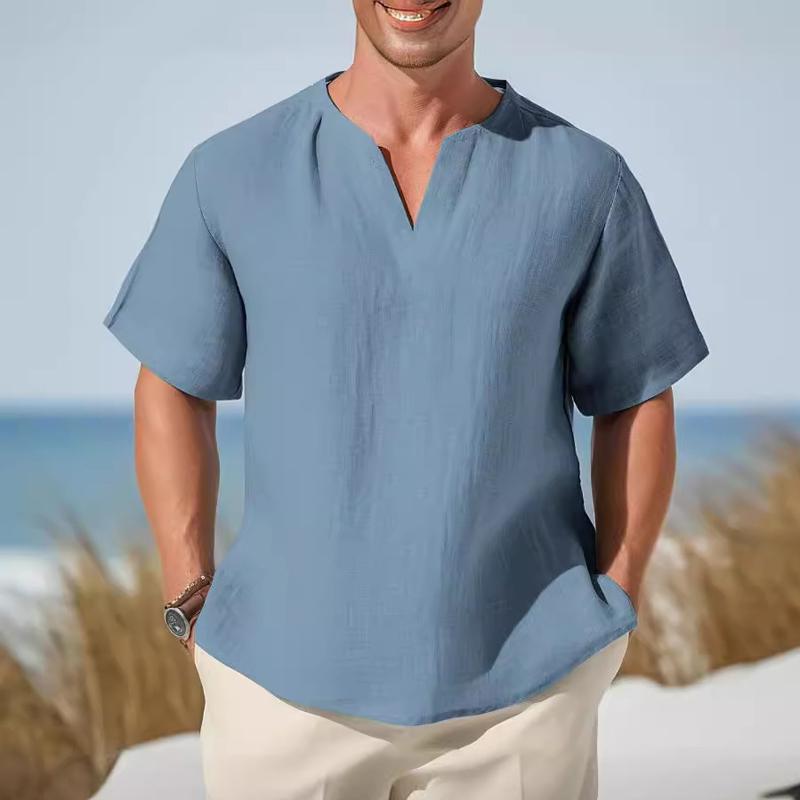 Men's Solid Color V-Neck Short-Sleeved Shirt 88586311Y
