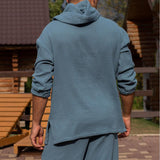 Men's Casual Solid Color Cotton Linen Loose Long-sleeved Hoodie Shorts Set 23689715M
