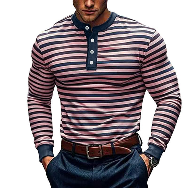 Men's Colorblock Striped Henley Collar Long Sleeve Casual T-shirt 43909825Z