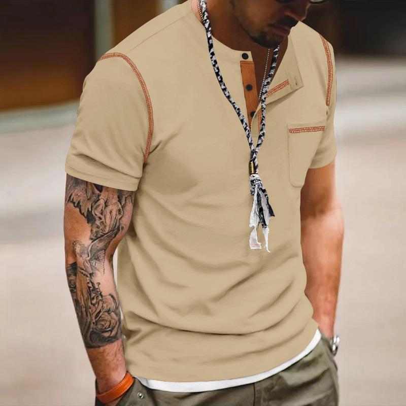 Men's Casual Colorblock Henley Collar Slim Fit Short Sleeve T-Shirt 07925648M