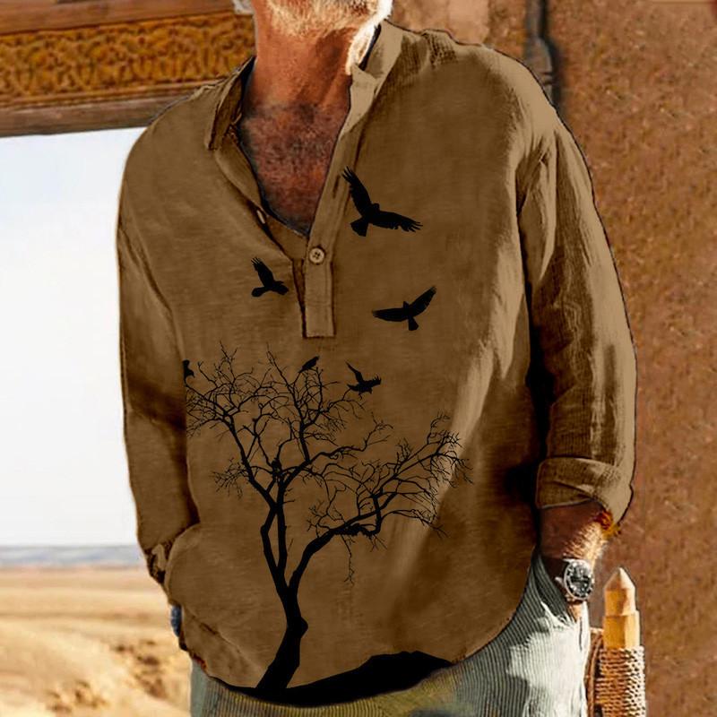 Camicia a maniche lunghe con colletto Henley e stampa albero vintage da uomo 87757900Y