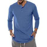 Men's Casual Solid Color Henley Collar Breast Pocket Long Sleeve T-Shirt 76809234Y