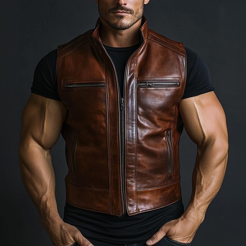 Men's Vintage Stand Collar Zipper Leather Vest 16958438U