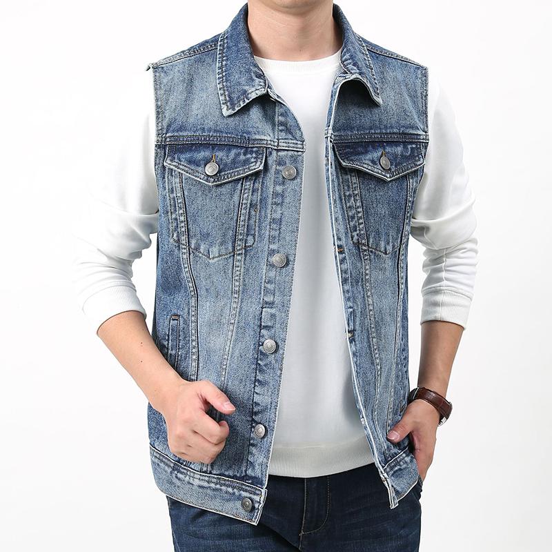 Men's Vintage Wash Lapel Single Breasted Multi Pocket Denim Vest 50562057M