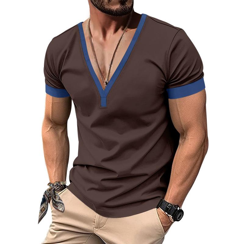 Men's Colorblock V Neck Short Sleeve Casual T-shirt 09058469Z