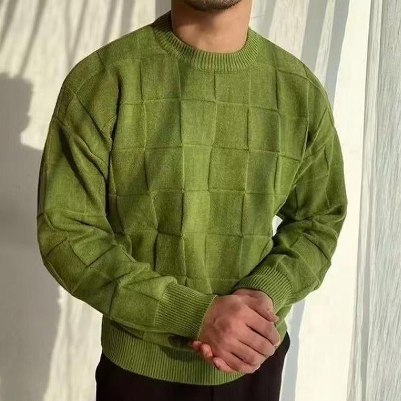 Men's Solid Color Plaid Crew Neck Knitted Sweater 94387043X