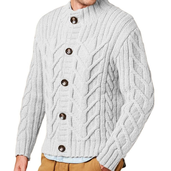 Men's Solid Color Knit Cable Stand Collar Single Breasted Cardigan 35000025Z