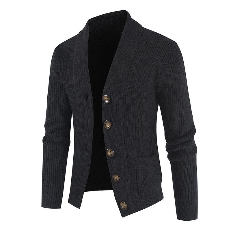 Men's Casual Solid Color Lapel Single-Breasted Long-Sleeved Slim-Fit Knitted Cardigan 24342613M