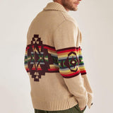 Men's Vintage Colorblock Stripe Jacquard Lapel Single Breasted Knit Cardigan 44586298M