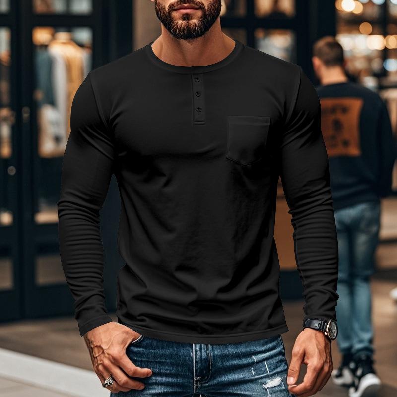 Men's Casual Crew Neck Cotton Blend Patch Pocket Long Sleeve T-Shirt 57193134M