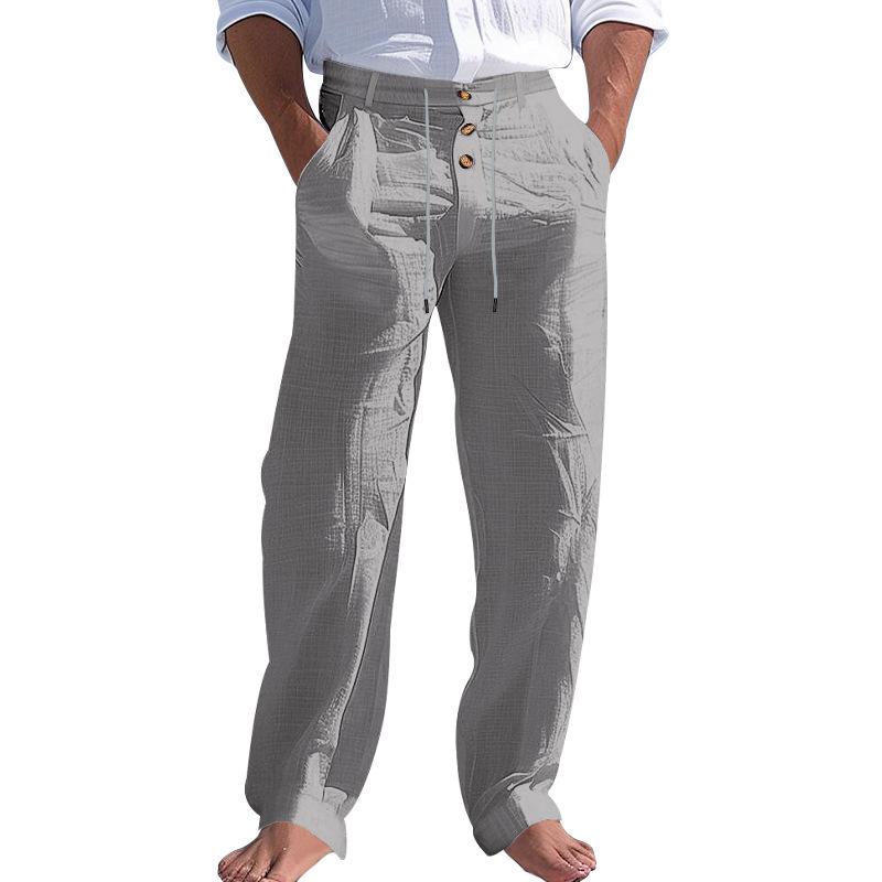 Men's Solid Color Cotton And Linen Buttons Decor Drawstring Waist Casual Pants 58659698Z