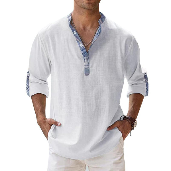 Men's Loose Stand Collar Sport Color Block Long Sleeve Cotton Linen Shirt 88611865X