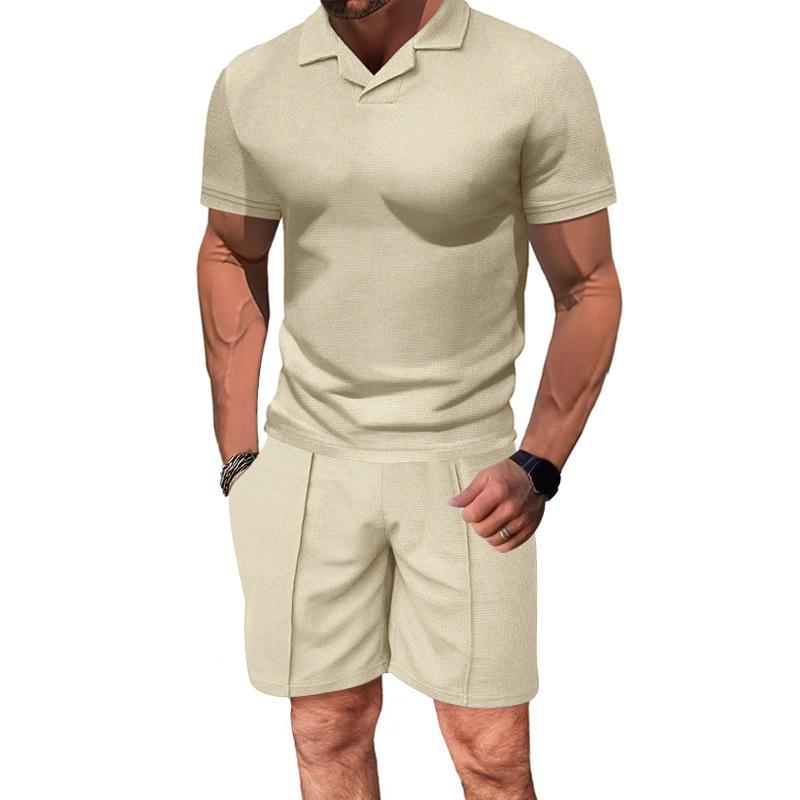 Men's Solid Color Short Sleeve Polo Shirt Shorts Set 47135503Y