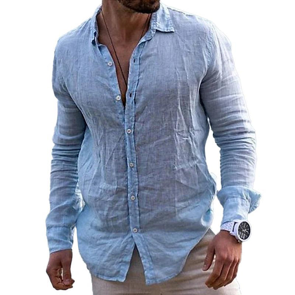 Men's Casual Solid Color Lapel Cotton Linen Long Sleeve Shirt 47372567Y
