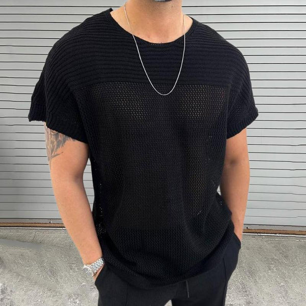 Men's Solid Hollow Out Knit Round Neck Short Sleeve T-shirt 40196779Z