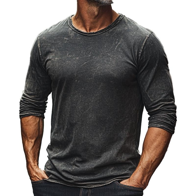 Men's Vintage Washed Distressed Round Neck Long Sleeve T-shirt 23612708X