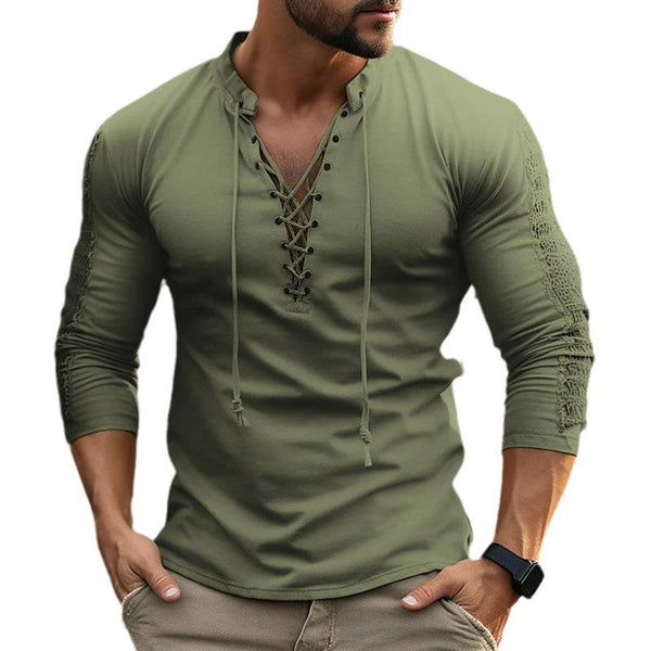 Men's Solid Lace Up Collar Long Sleeve T-shirt 67786985Z