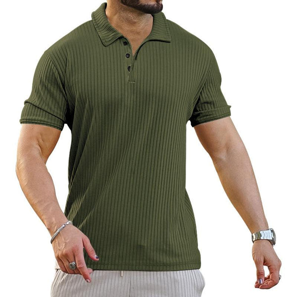 Men's Casual Striped Button Lapel Solid Color Polo Shirt 56528606Y