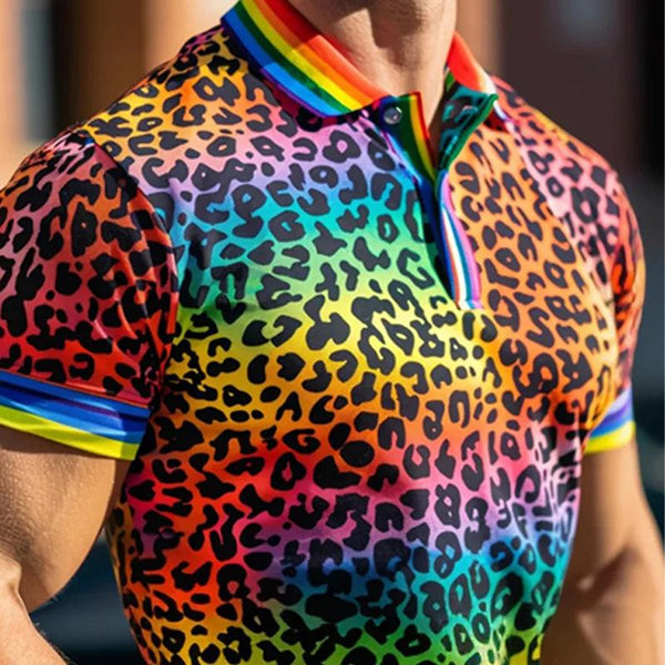 Men's Leopard Print Patchwork Lapel Polo Shirt 38110210X