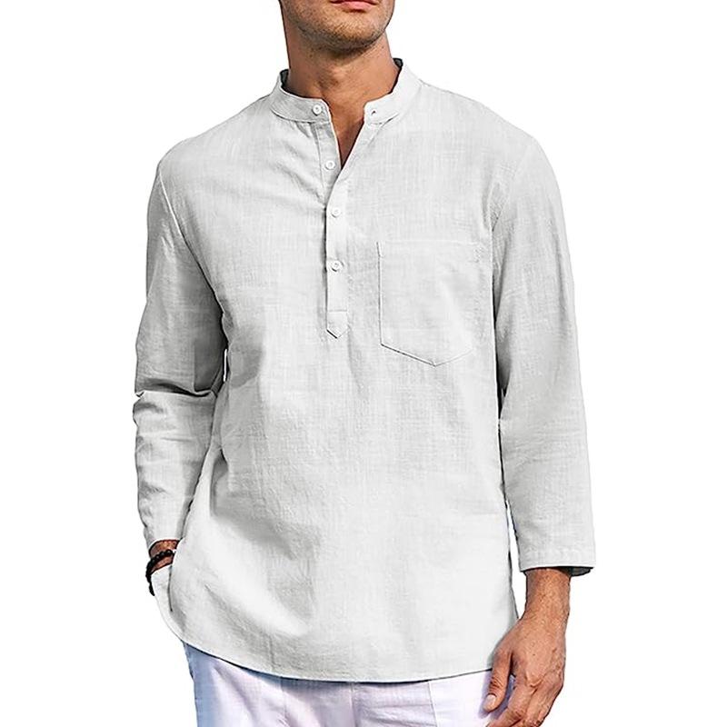 Men's Solid Color Linen Henley Collar Long Sleeve Shirt 78635906X