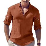 Men's Casual Solid Color Henley Collar Long Sleeve Shirt 81357283M