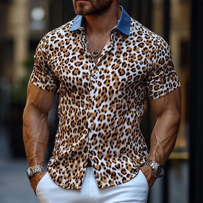 Men's Vintage Leopard Print Short Sleeve Shirt 03082843U