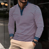 Men's Coloring Striped Henley Collar Long Sleeve T-shirt 61350466Z