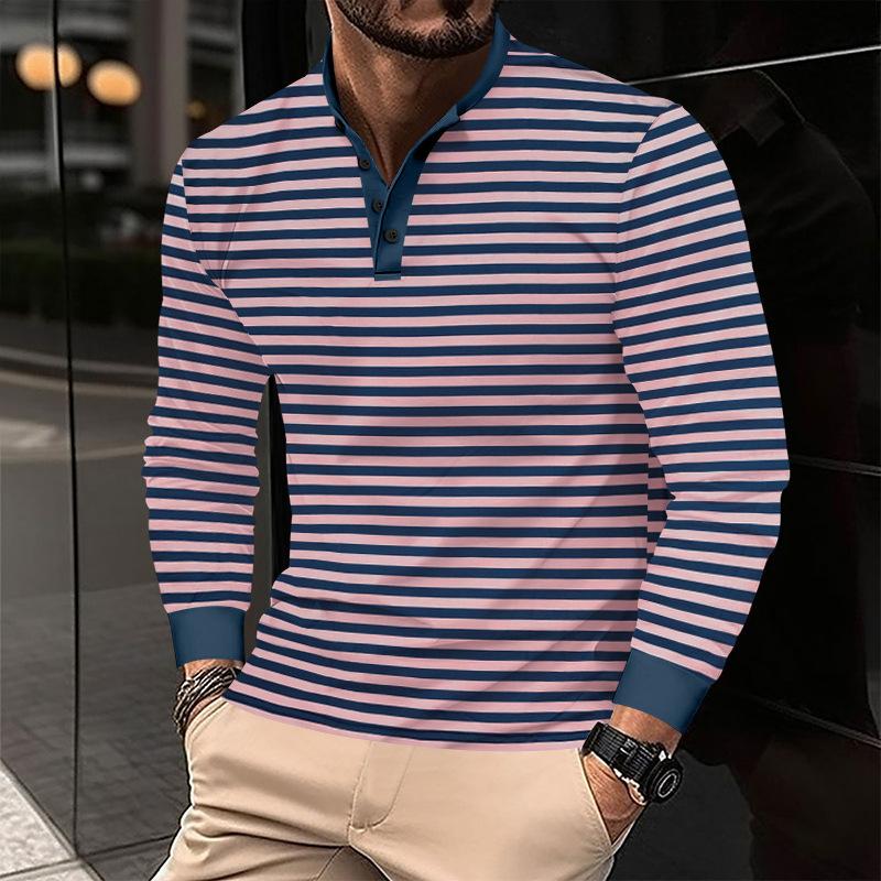 Men's Coloring Striped Henley Collar Long Sleeve T-shirt 61350466Z