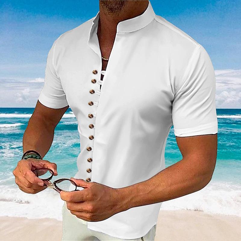 Men's Vintage Cotton And Linen Stand Collar Single Breasted Short Sleeve Shirt 89349370Z