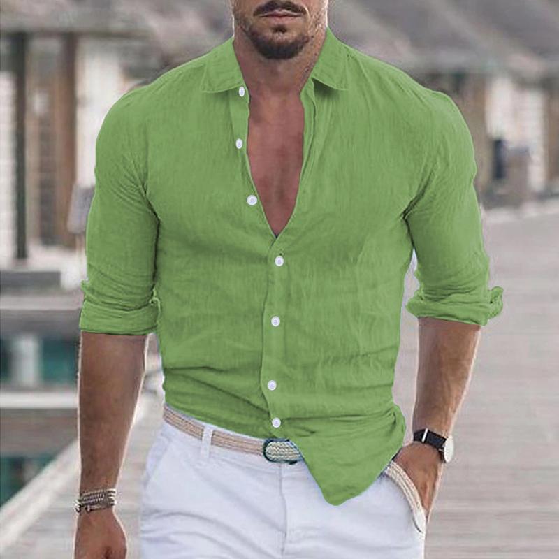 Chemise décontractée à manches longues et revers de couleur unie pour hommes 21280669Y