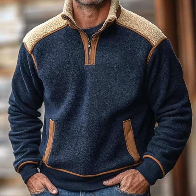 Men's Retro Stand Collar Lambswool Splicing Sweatshirt 69174461U