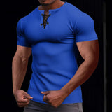 Men's Solid Waffle Lace-up Henley Collar Short Sleeve Casual T-shirt 63747969Z
