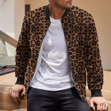 Men's Leopard Stand Collar Long Sleeve Zipper Jacket 00000454Z