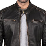 Men's Vintage Distressed Black Zipper Stand Collar Leather Jacket 47322552U