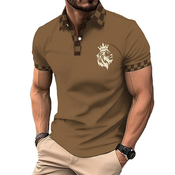 Men's Casual Plaid Lion Head Short-sleeved Polo Shirt 31230143TO
