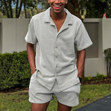 Men's Casual Striped Short Sleeve Shirt Shorts Set 52693599Y