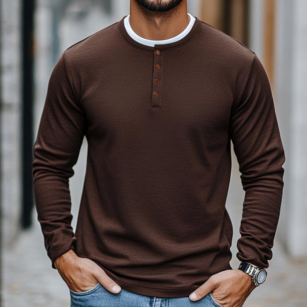 Men's Vintage Casual Solid Color Henley Collar Fake Two Piece Long Sleeve T-Shirt 28424457TO