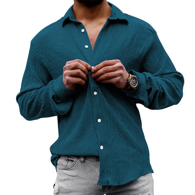 Men's Solid Loose Linen Lapel Long Sleeve Shirt 01526129Z