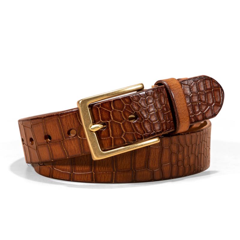 Ceinture en cuir de vachette véritable première couche pour homme avec boucle en bronze cuivré pur 21888959U