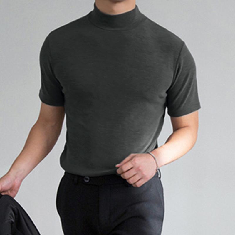 Men's Casual High Collar Solid Color Slim Short Sleeve T-Shirt 20585766M