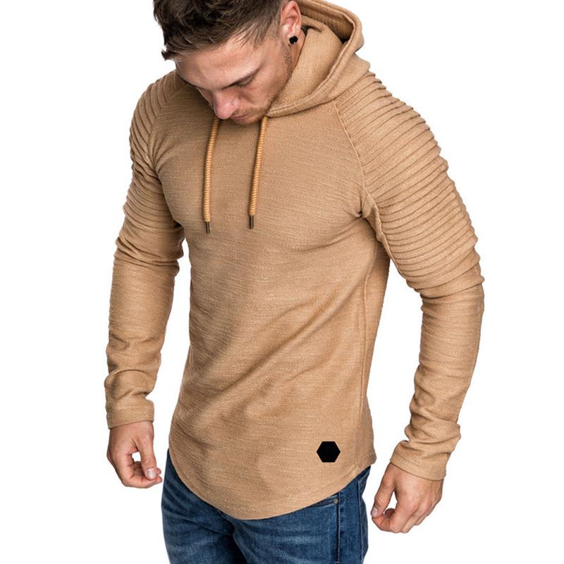 Men's Crew Neck Slim Fit Solid Color Striped Pleated Hoodie 07879431U