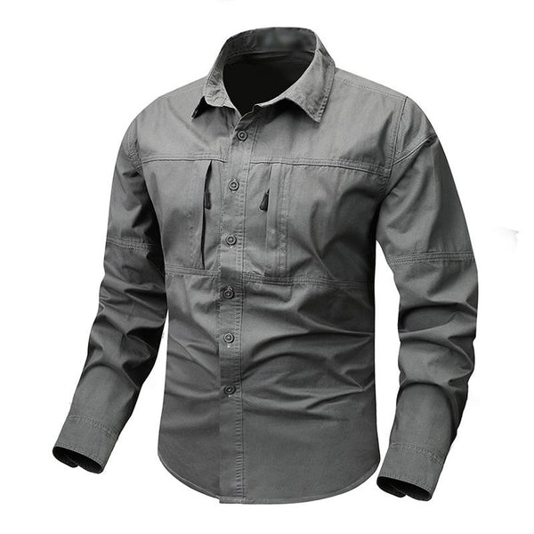Men's Casual Outdoor Zipper Pocket Cotton Workwear Long-Sleeved Shirt 31226874M