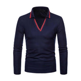 Men's Casual Simple Slim Fit V-neck Long-sleeved Polo Shirt 22464293K