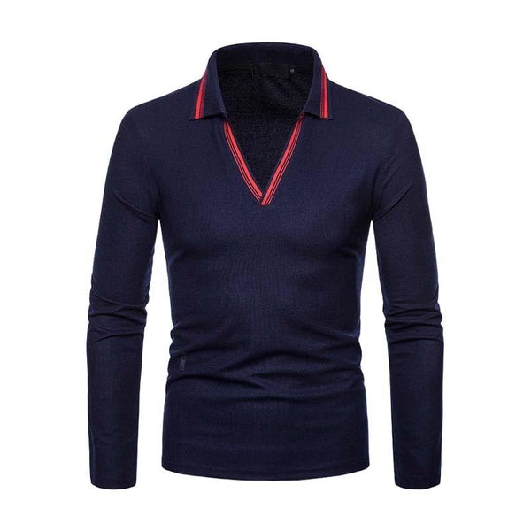 Men's Casual Simple Slim Fit V-neck Long-sleeved Polo Shirt 22464293K